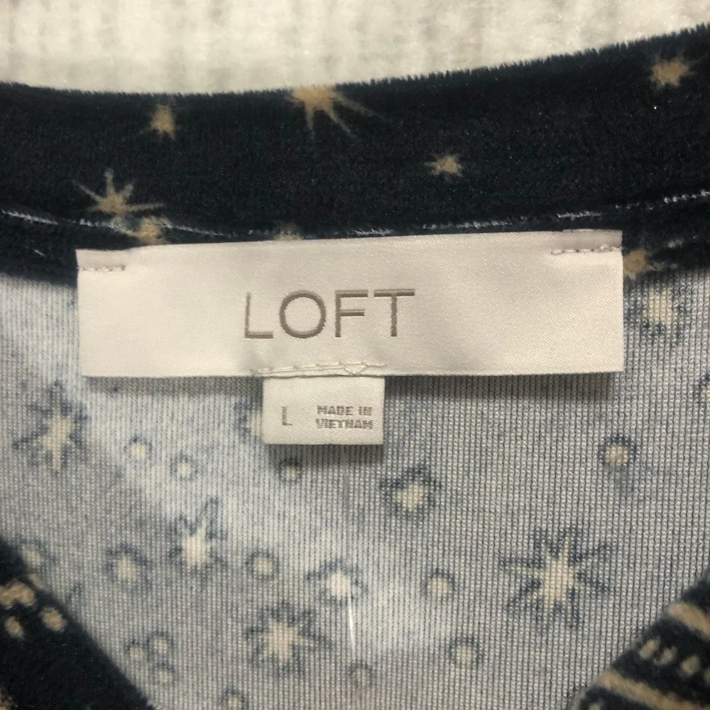 Loft Womens Celestial Starburst Puff Sleeve Velvet Top Navy Gold Large NWT